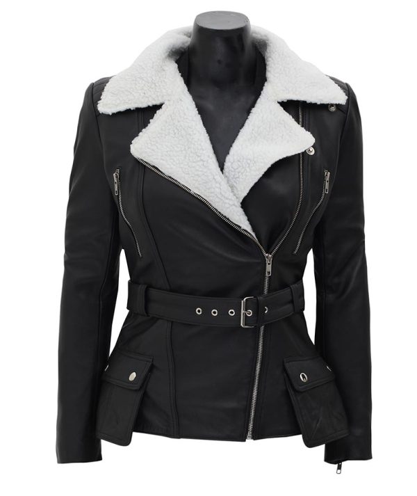 Verona Black Leather Jacket with Asymmetrical White Sherpa