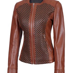 Brown Womens Textured Leather Cafe Racer Jacket