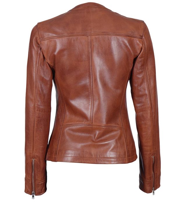 Brown Womens Textured Leather Cafe Racer Jacket