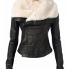 Women's Wide Fur Collar Black Leather Jacket