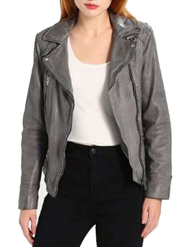 Women’s Asymmetrical Biker Waxed Grey Leather Jacket