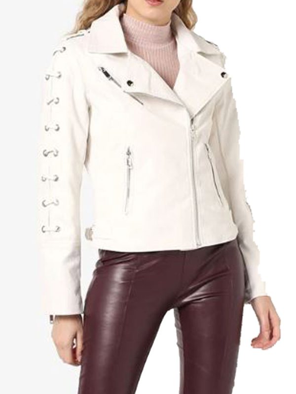 Womens Designer Laces White Leather Jacket