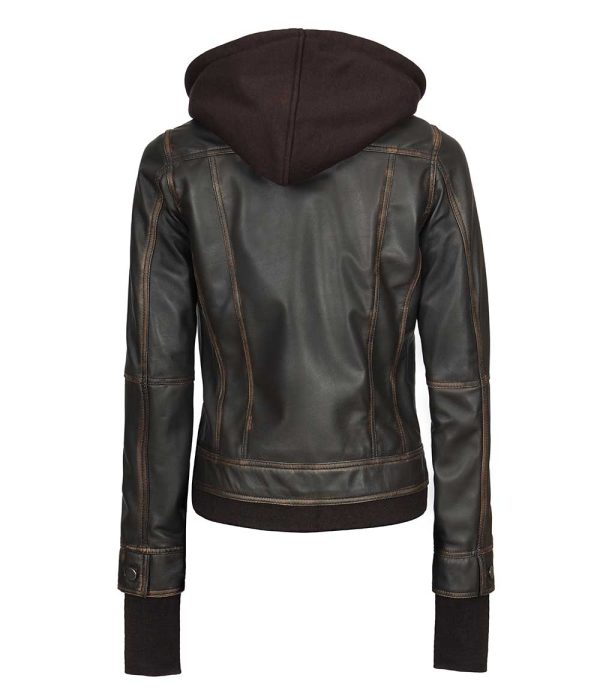 Tralee Womens Bomber Rub-Off Dark Brown Removable Hooded Leather Jacket