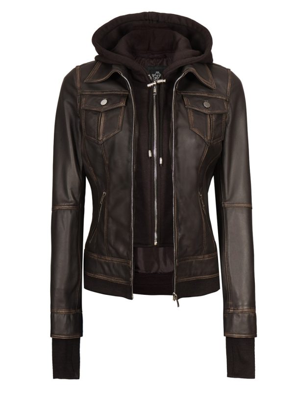 Tralee Womens Bomber Rub-Off Dark Brown Removable Hooded Leather Jacket
