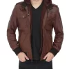 Mens Brown Leather Bomber Jacket With Hood