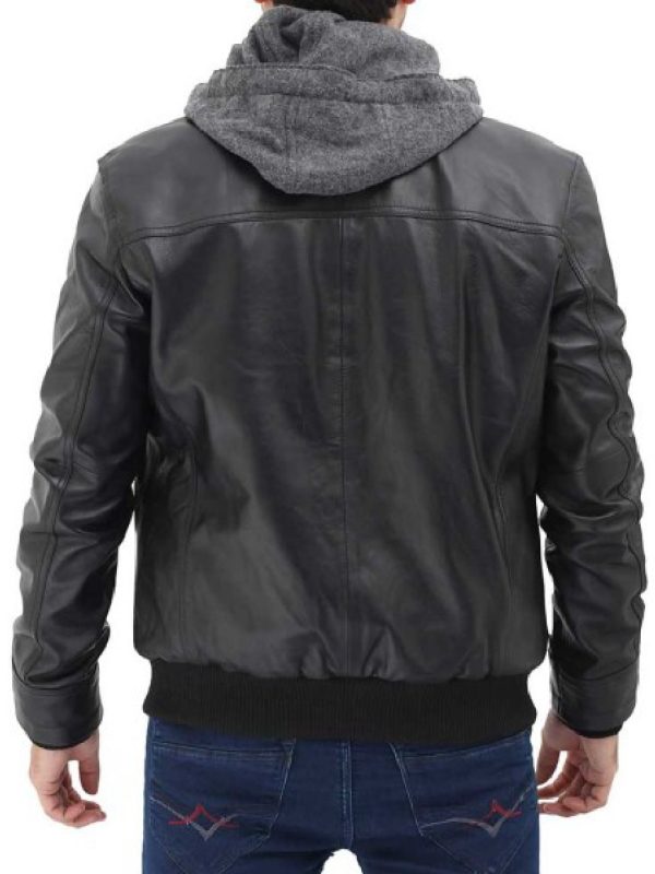 Black Biker Mens Leather Jacket with Hood