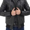 Black Biker Mens Leather Jacket with Hood