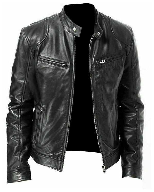Mens Black Biker Real Sheepskin Leather Jacket