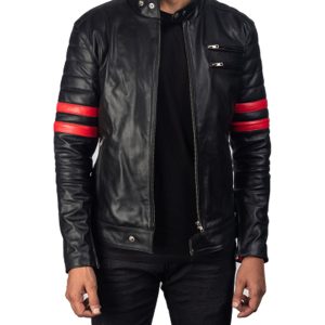 Mens Black Biker With Red Stripes Real Leather Jacket