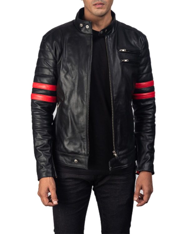 Mens Black Biker With Red Stripes Real Leather Jacket