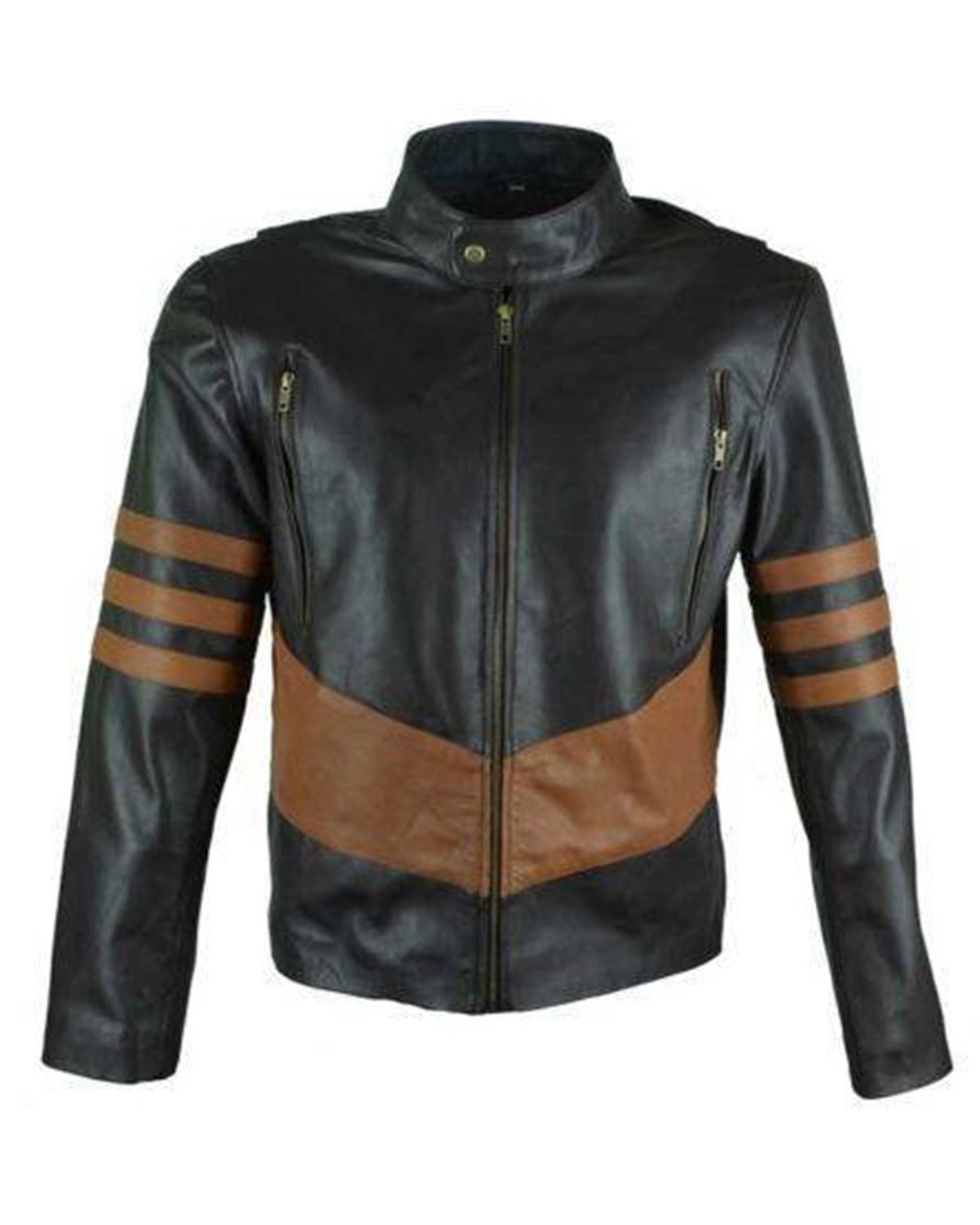 Black Cafe Racer With Brown Stripes Biker Leather Jacket