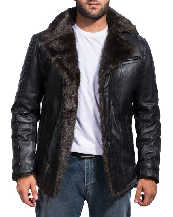 Mens Black Fur Collar Bomber Leather Jacket