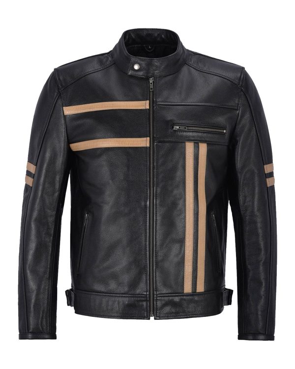 Mens Black With Beige Stripes Biker Leather Jacket