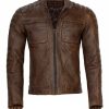 Mens Brown Cafe Racer Biker Leather Jacket