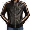 Mens Creame Stripes Black Biker Leather Jacket