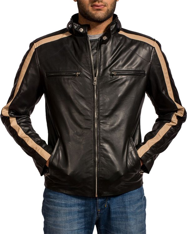 Mens Creame Stripes Black Biker Leather Jacket