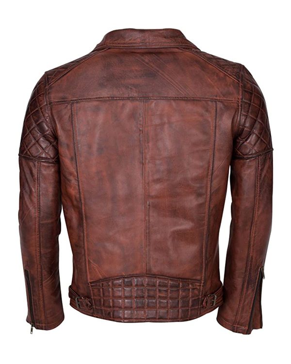 Mens Distressed Brown Brando Biker Genuine Sheepskin Leather Jacket