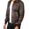 Mens Four Pockets Brown Bomber Leather Jacket