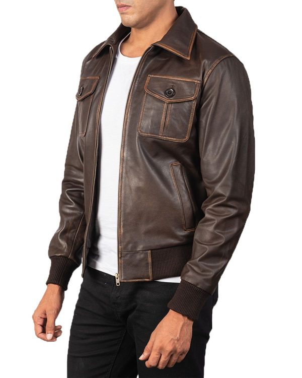 Mens Four Pockets Brown Bomber Leather Jacket