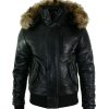 Mens Puffer Hooded Bomber Leather Jacket