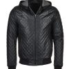 Mens Quilted Detachable Hooded Bomber Real Leather Jacket