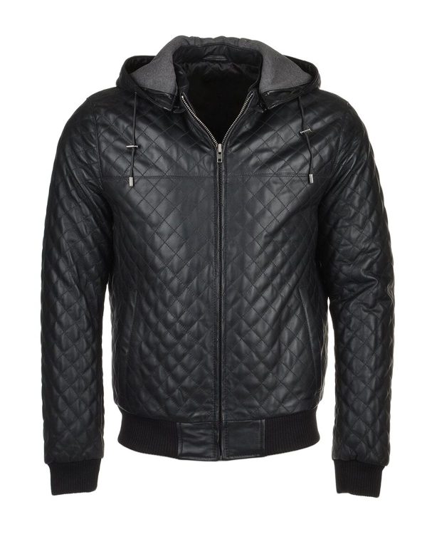 Mens Quilted Detachable Hooded Bomber Real Leather Jacket