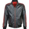 Mens Striped Collar Leather Bomber Jacket