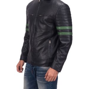 Tom Mens Black Biker With Green Stripes Leather Jacket