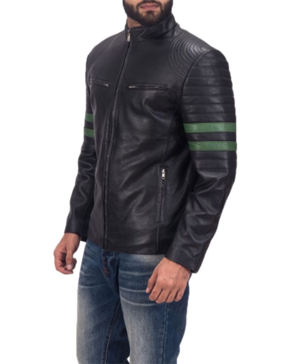 Tom Mens Black Biker With Green Stripes Leather Jacket