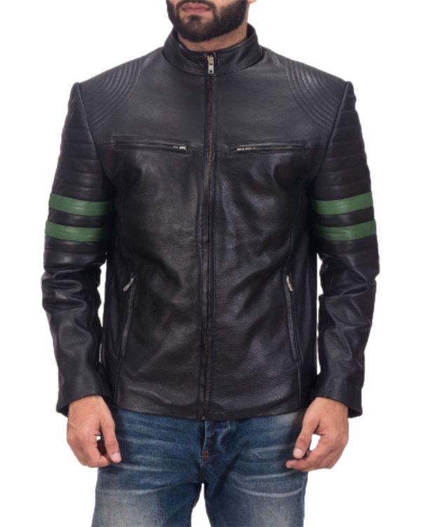 Tom-Mens-Black-Biker-With-Green-Stripes-Leather-Jacket