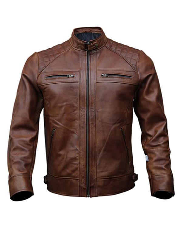 Mens Quilted Style Classic Biker Leather Jacket