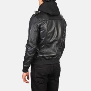 Mens Bravado Hooded Black Bomber Leather Jacket