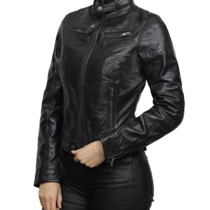 Womens Belted Collar Black Biker Jacket