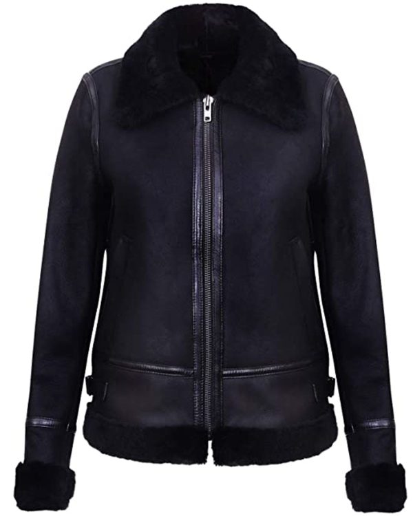 Womens Black Aviator Biker Genuine Sheepskin Leather Jacket