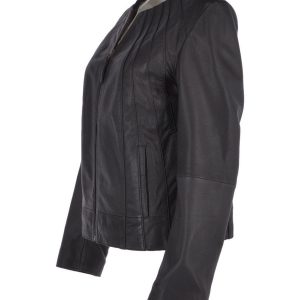 Womens Black Collarless Biker Leather Jacket