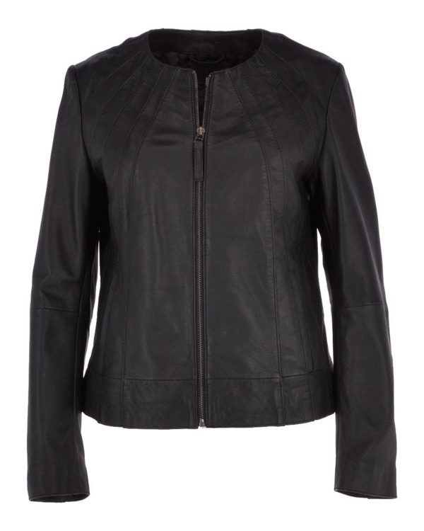 Womens Black Collarless Biker Leather Jacket