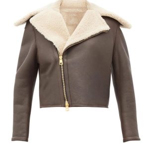 Womens Chocolate Brown Faux Shearling Real Sheepskin Leather Jacket