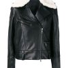 Womens Fur Collar Black Biker Style Leather Jacket