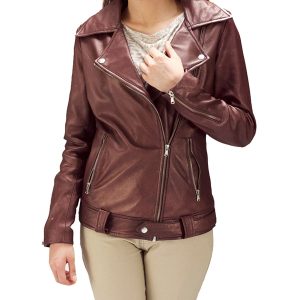 Womens Maroon Biker Leather Jacket