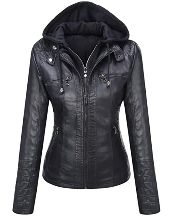 Womens Removable Hood Slim Fit Biker Real Leather Jacket