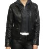 Womens Short Hooded Leather Biker Jacket
