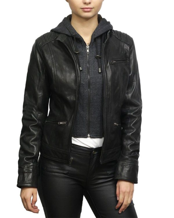 Womens Short Hooded Leather Biker Jacket