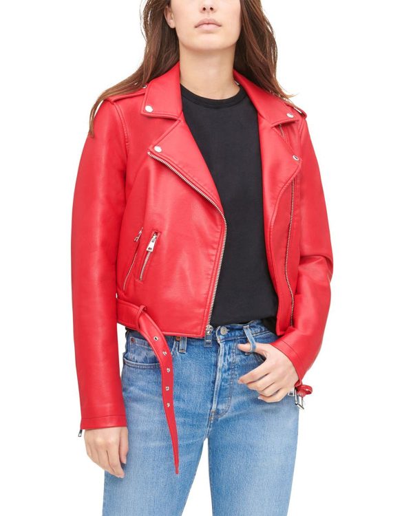Womens Short Red Biker Leather Jacket